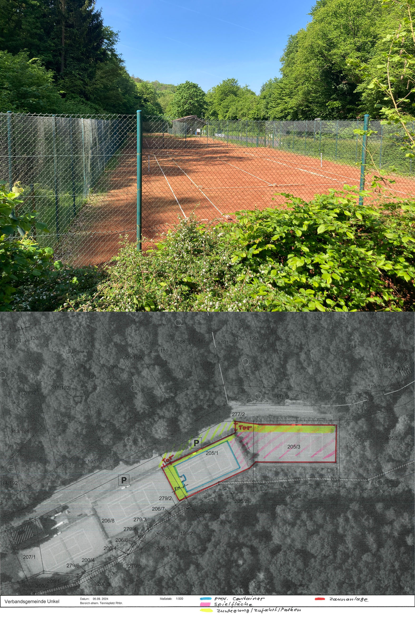 Bilder: Auf dem oberen Tennisplatz soll das Freigelnde mit dem Spielplatz eingerichtet werden, auf dem Platz darunter die Container-Kita.