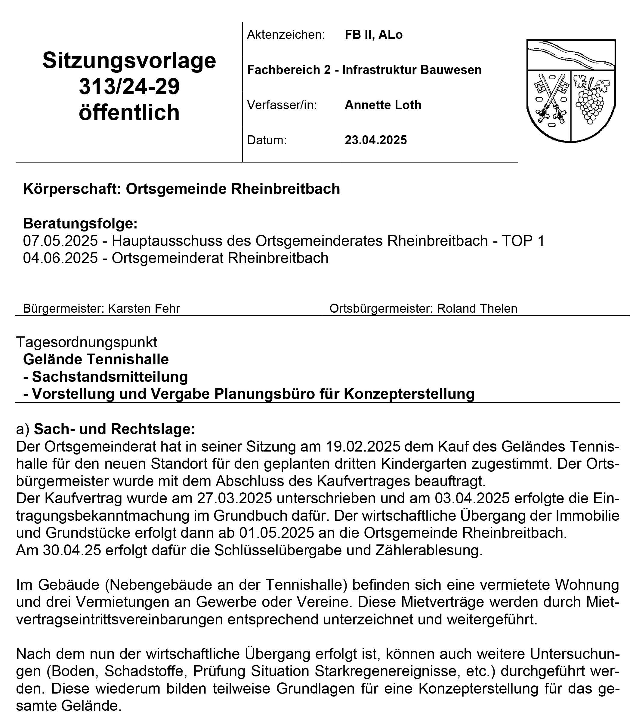 Auszug aus der Vorlage zur HA-Sitzung am 7.5.25